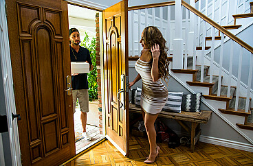 Richelle Ryan and Lucas Frost in Richelle Ryan tries on lingerie for delivery guy before riding his dick on her couch episode